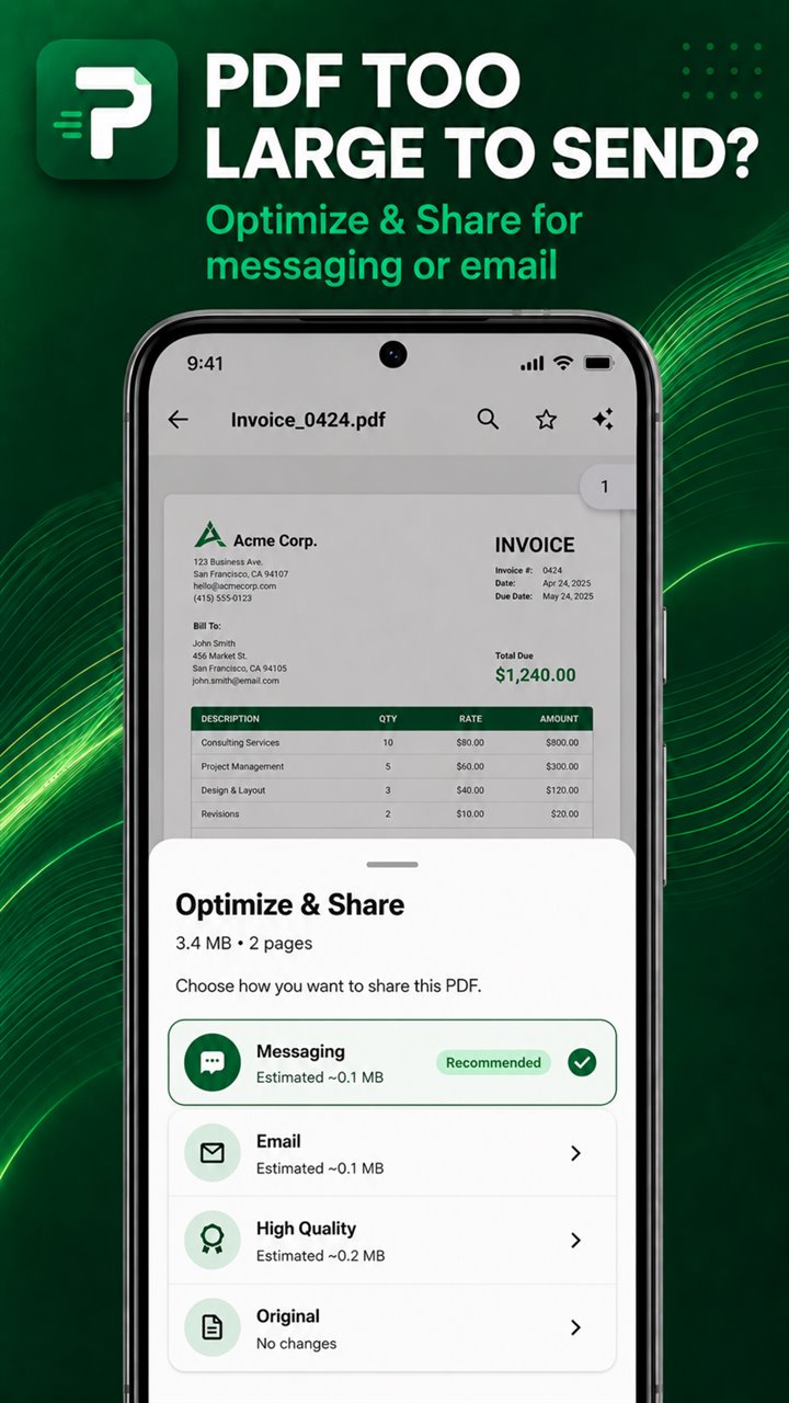 Pagrix Optimize and Share screen with sharing choices for a PDF