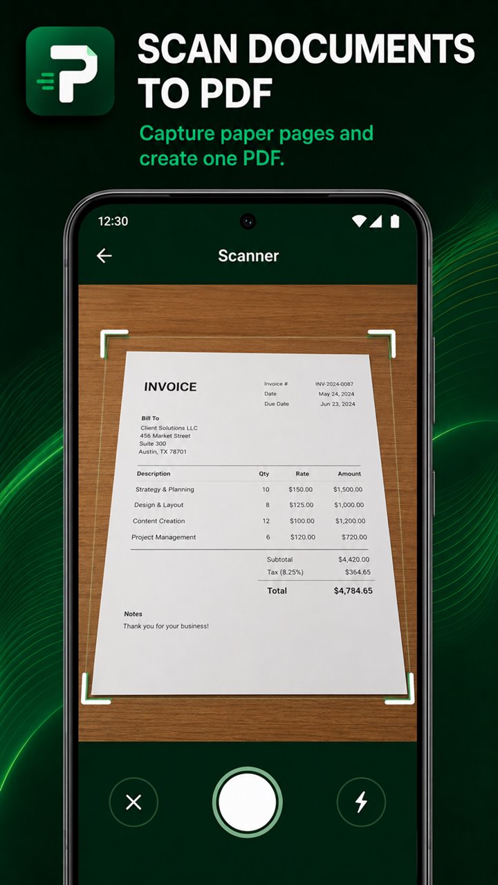 Pagrix scanner capturing a paper invoice as a PDF