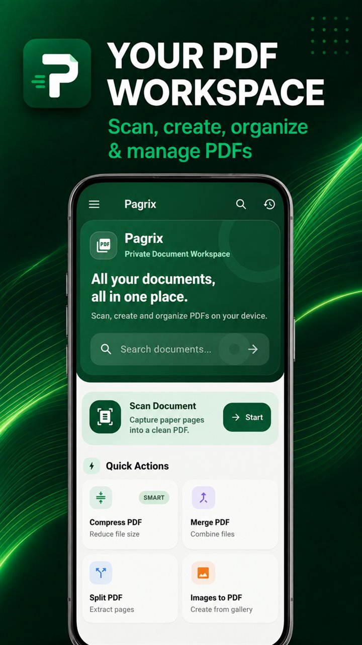 Pagrix Android app showing its PDF workspace and document tools